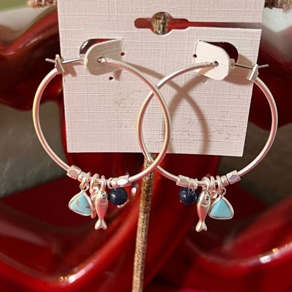 NWT Lucky Brand Silver Hoop Earrings with Charms #LKER2 - Picture 2 of 6